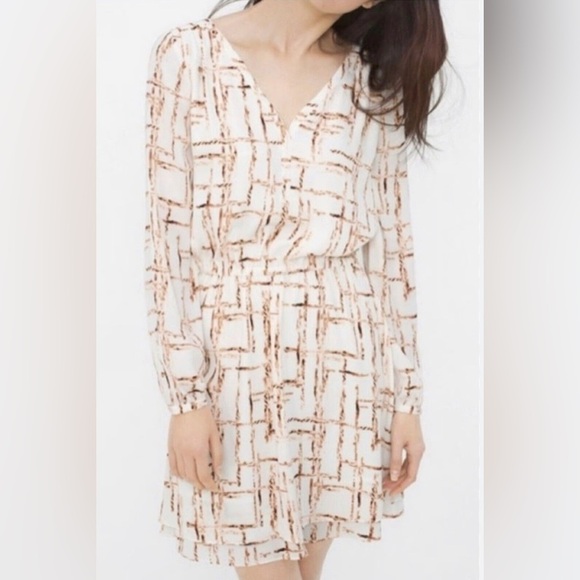 White House Black Market size 14 long sleeve Cream Brown Geometric Dress - Picture 1 of 5
